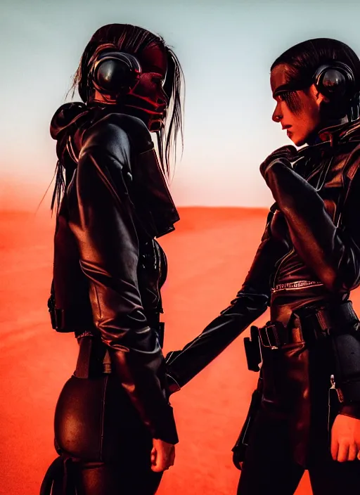 Prompt: cinestill 5 0 d photographic portrait of two loving female androids wearing rugged black techwear on a desolate plain with a red sky, extreme closeup, cyberpunk style, leather garters, dust storm, 8 k, hd, high resolution, 3 5 mm, f / 3 2, ultra realistic faces, ex machina