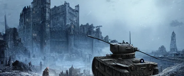 Image similar to Panzer VIII Maus (1944), Dark Souls 3, a grim fantasy, Anor Londo, dramatic lighting, cinematic, establishing shot, extremely high detail, photorealistic, cinematic lighting, artstation, by simon stalenhag