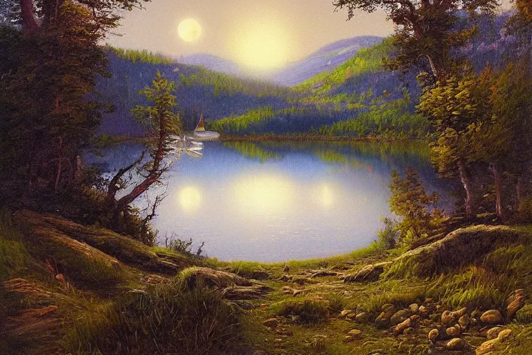 Image similar to fork lake, painted by darrell k. sweet and edd cartier, trending on artstation, moon light fish eye illustrator, bokeh, magic realism, dutch golden age, expressionism