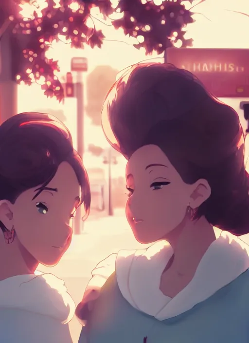 Image similar to two beautiful mothers waiting at a bus stop, gorgeous faces, smooth, thick lines, cinematic lighting, detailed anime art