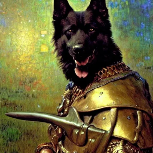 Image similar to a portrait of a black german shepard dogman canine viking with human eyes smiling holding an axe. fantasy highly detailed painting by gaston bussiere craig mullins jc leyendecker gustav klimt artgerm greg rutkowski