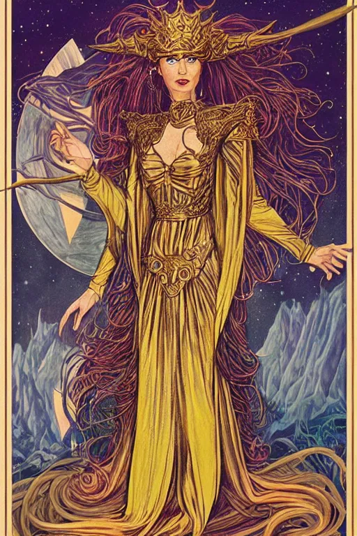 Prompt: Portrait of an epic space queen sorceress with long hair wearing robe with ornate bronze and gold, Art Noveau, retro science fiction poster by Elisabeth Sonrel and Kelly Freas (1965), tarot card, character concept art, vivid, highly detailed, cgsociety, artgerm