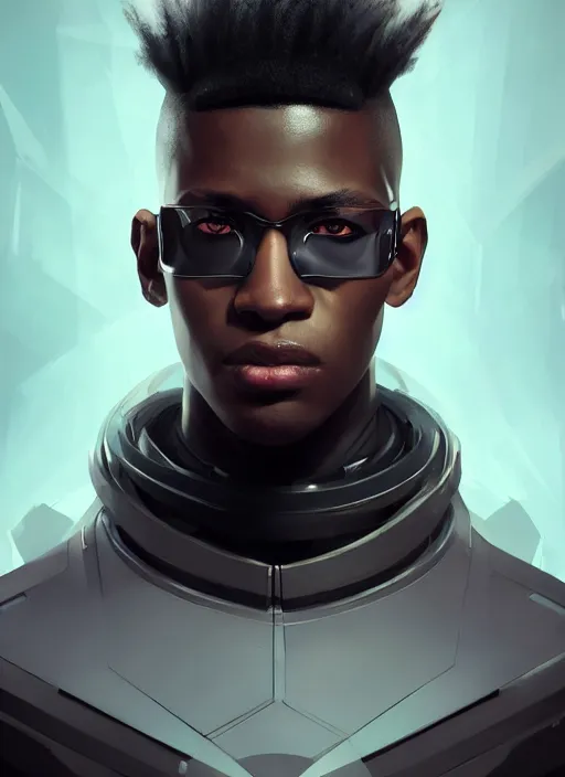 Image similar to portrait of a young black man with a mohawk and solid black irises, wearing futuristic techwear highly detailed, angular jawline, digital painting, artstation, concept art, smooth, sharp focus, illustration, art by wlop, uang guangjian and gil elvgren and sachin teng and greg rutkowski