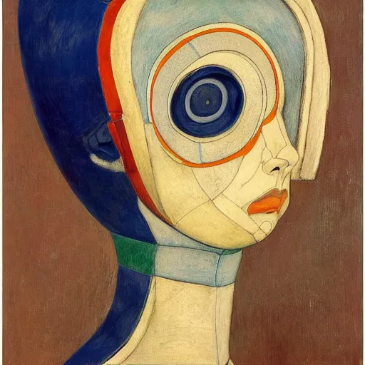 Image similar to the robot girl wearing her bird mask, by annie swynnerton and diego rivera and elihu vedder and lucien freud, symbolist, dramatic lighting, elaborate geometric ornament, head and shoulders view, art brut, soft cool colors, smooth, sharp focus, extremely detailed, adolf wolfli, leo and diane dillon, nicholas roerich