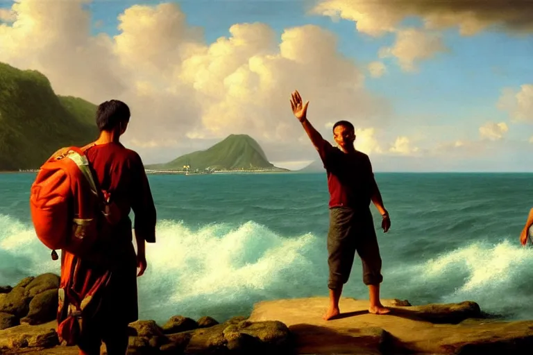 Image similar to ( ( a beautiful 8 k photorealistic masterpiece oil painting ) ( of ( man who is leaving the mainland to go to a new island, waving to the mainlanders ) ( the inhabitants of the new island look at the man, serious in the background, on their island ) ) ( hyperrealism ) ( 1 6 k ) ( trending on artstation )