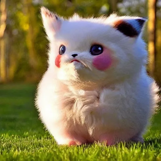 Image similar to real life pokemon, cute!!!, content!!!, mischievous!!!, chubby!!!, adorable!!!, fluffy!!!, ultra realistic!!!, golden hour, sharp focus