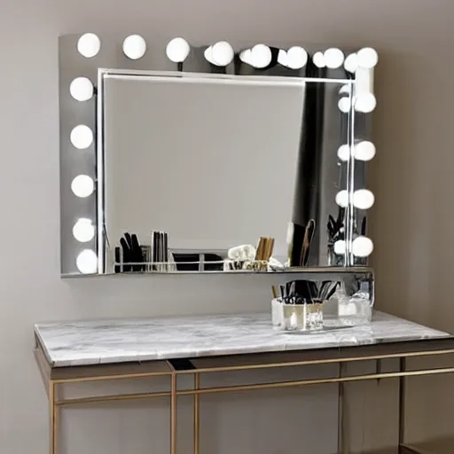 Prompt: sleek vanity mirror in a cool marble room