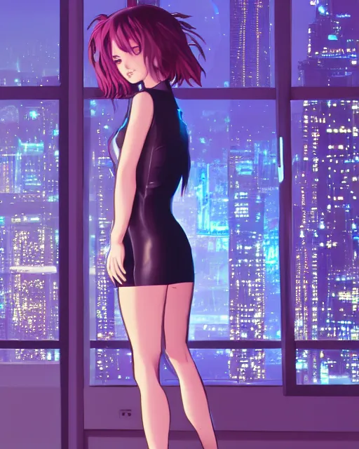 Prompt: back of young woman wearing a stylish black minidress looking through a penthouse window at a panoramic view of a cyberpunk city at night, bokeh lights, anime, ilya kuvshinov, guweiz, artstation trending, concept art, digital painting, cinematic, extreme detail, expansive