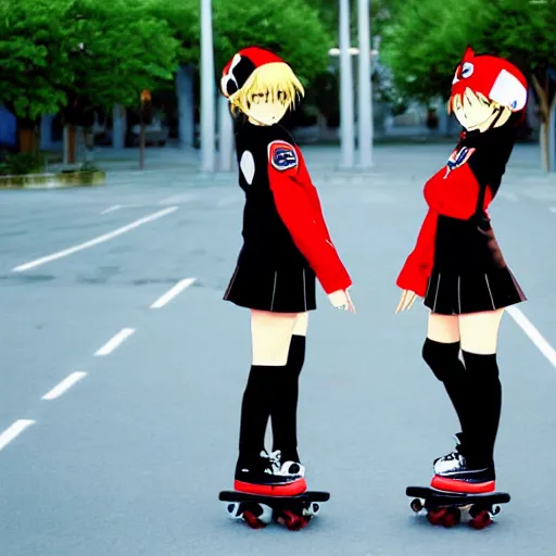 Image similar to 1 5 - year - old french anime girl, black beret with red star, black t - shirt with red star, black shorts, rollerblading, rollerskates, cel - shading, 2 0 0 1 anime, flcl, jet set radio future, golden hour, japanese town, cel - shaded, strong shadows, vivid hues, y 2 k aesthetic