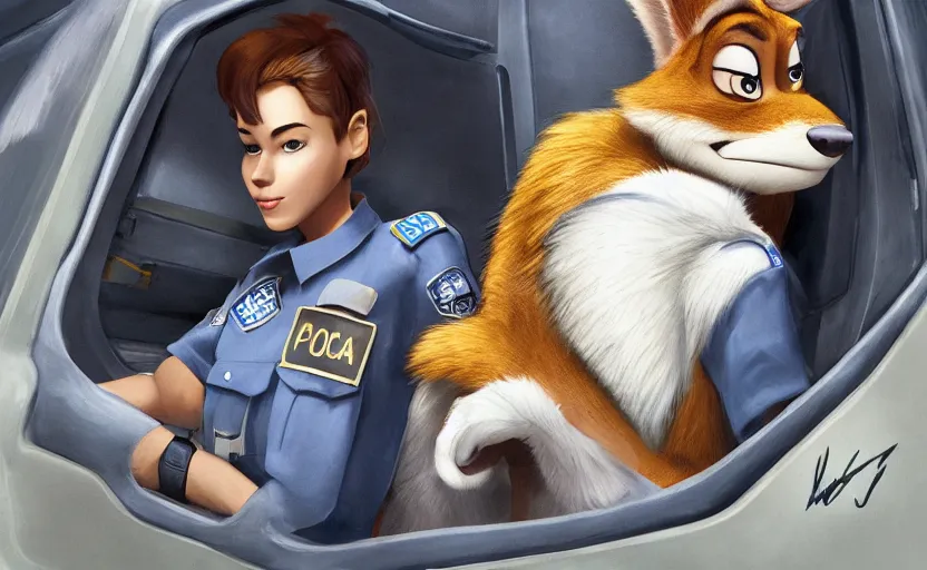 Image similar to a furry human - like dressed policewoman in the sleeping in the police car, artstation hq, stylized, symmetry, modeled lighting, expressive, studio photo refined, highly detailed, hyper realistic, furry, sense of awe, zootopia style