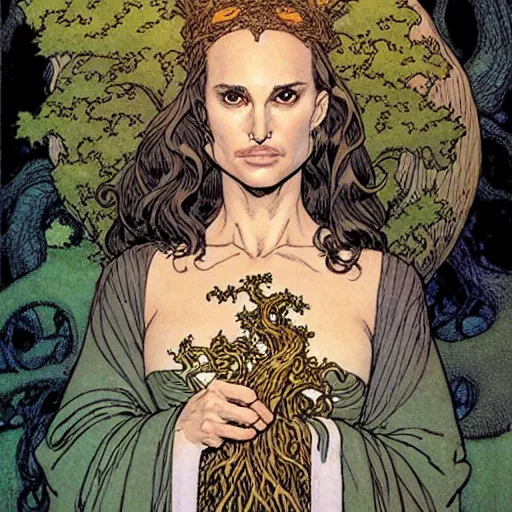 Image similar to a portrait of natalie portman as a druidic wizard by rebecca guay, michael kaluta, charles vess and jean moebius giraud