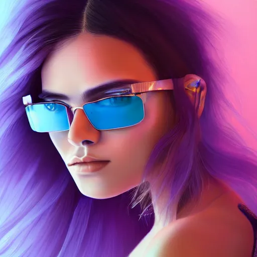 Prompt: closeup painting of a very beautiful young mexican cyberpunk woman wearing light blue louvered shades, one side haircut, long brown hair with light blue ends, purple leather jacket, portrait, hyperdetailed, artstation, cgsociety, 8 k, synthwave image