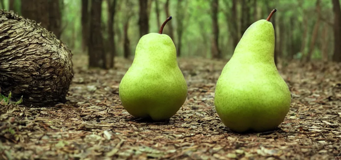 Image similar to a cute green pear animal walking in front of a forest, and looking at the camera; pear skin; nature photography