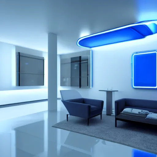 Prompt: futuristic looking living room, dark with blue neon lights, contrasted, dark floor, octane render