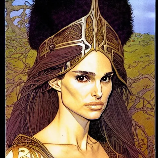 Image similar to a realistic, very beautiful and atmospheric portrait of a young natalie portman as a druidic warrior wizard looking at the camera with an intelligent but seductive gaze by rebecca guay, michael kaluta, charles vess and jean moebius giraud