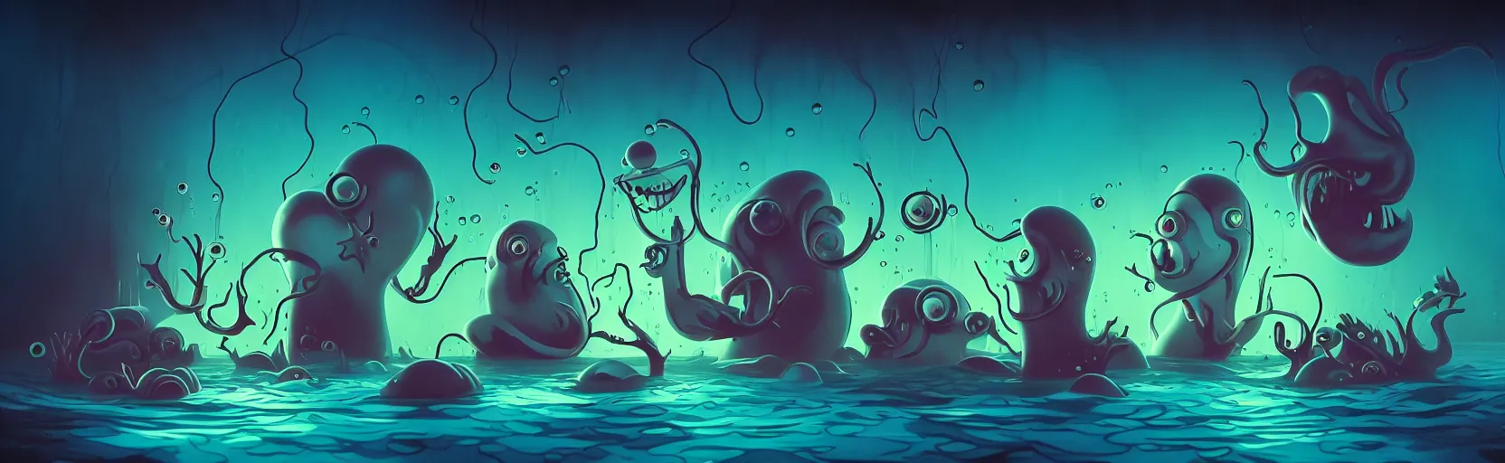 Prompt: wild whimsical watery mutants from the depths of deep sea of the unconscious, dramatic lighting, surreal fleischer cartoon characters, shallow dof, surreal painting by ronny khalil
