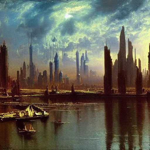 Image similar to a painting of a science fiction city filled with exotic market, tall towers inspired by tolkien, painted by bierstadt