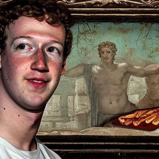 Image similar to photo of an ancient roman fresco on a wall in an ancient roman villa : mark zuckerberg as a roman noble senator next to a grill with meats. dressed in a white toga. serious facial expression. detailed, intricate artwork. faded shadows