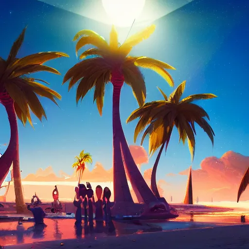 Image similar to phineas and ferb building a giant rocket ship, derek zabrocki, greg rutkowski, belsinski, beach, trending on artstation, mediterranean, palm trees, sharp focus, colorful refracted sparkles and lines, soft light