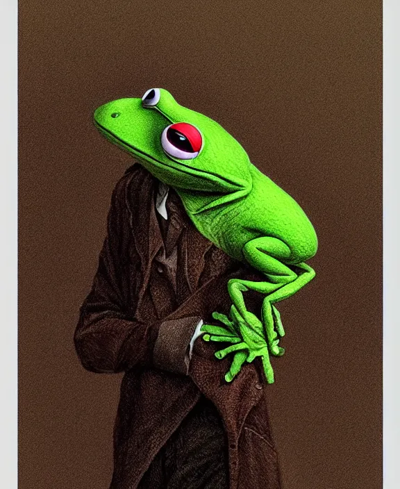 Image similar to portrait of Kermit the frog from Hereditary (2018), intricate, highly detailed, centered, artstation, concept art, smooth, sharp focus, illustration, bokeh art by artgerm and donato giancola and Joseph Christian Leyendecker