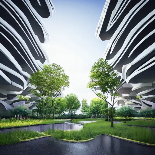 Image similar to symmetrical, ignite the future, biophilic designed buildings with nature, one point perspective, dramatic lighting, 8 k, hyperrealism