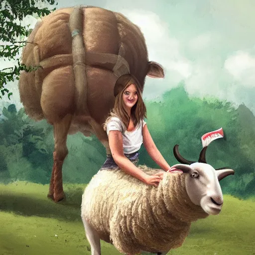 Image similar to girl riding a giant sheep at the farm, trending on artstation