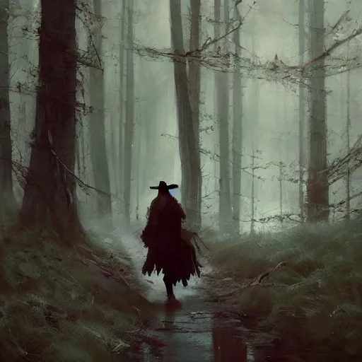 Prompt: a pilgrim witch walking through the woods, painted by raymond swanland, painted by greg rutkowski, painted by jeremy mann, painted by igor kieryluk, trending on artstation