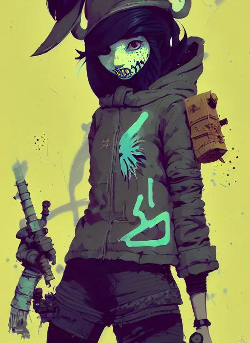 Image similar to highly detailed portrait of a sewer punk young lady by atey ghailan, james gilleard, by joe fenton, by greg rutkowski, by greg tocchini, by kaethe butcher, 4 k resolution, gradient yellow, black, brown and cyan color scheme, grunge aesthetic!!! ( ( dystopian graffiti tag wall in background ) )