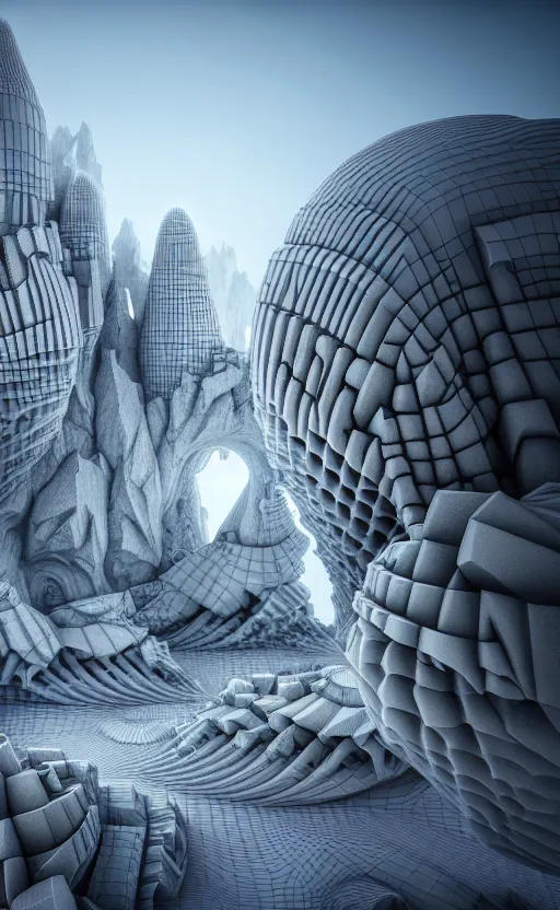 Image similar to highly detailed 3 d render cinematic composition of a white fractal sci - fi architecture landscape, surreal, stone, magnesium, archviz, vincent callebaut composition, mamou - mani, beautiful lighting, hyper detailed, 8 k, unreal engine, hdr, dof