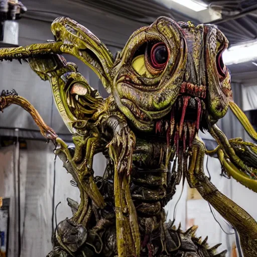 Prompt: photo taken of an epic intricate, ultra detailed, super realistic gritty, hero prop, exquisitely painted animatronic movie prop of a grotesque wet, slimy nightmarish hellish alien creature displayed in the workshop, created by weta workshop, full body shot, photorealistic, sharp focus