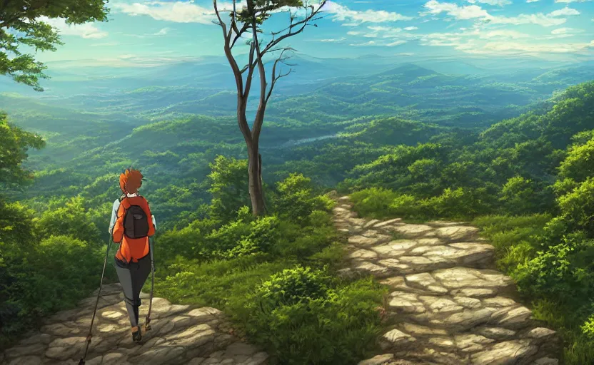 Prompt: hiking the Appalachian trail, anime scenery by Makoto Shinkai, wholesome digital art