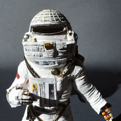 Image similar to a space admiral tethered to an asteroid, with spaceship, space backdrop, everything made of papier - mache canon 5 d 5 0 mm lens, diorama, newspaper,