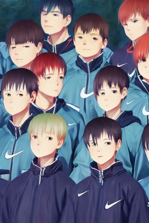 Prompt: A ultradetailed beautiful portrait panting of of The Quintessential Quintuplets wearing an oversized Nike jacket, Oil painting, by Ilya Kuvshinov, Greg Rutkowski and Makoto Shinkai