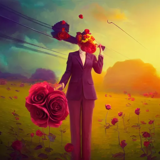 Prompt: closeup, huge rose flower on head, frontal, girl in a suit, surreal photography, sunrise, dramatic light, impressionist painting, digital painting, artstation, simon stalenhag