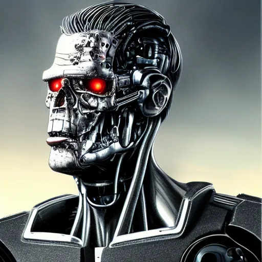 Image similar to highly detailed portrait of a terminator with borg enhancements, 8k. There is a dystopian city in the background