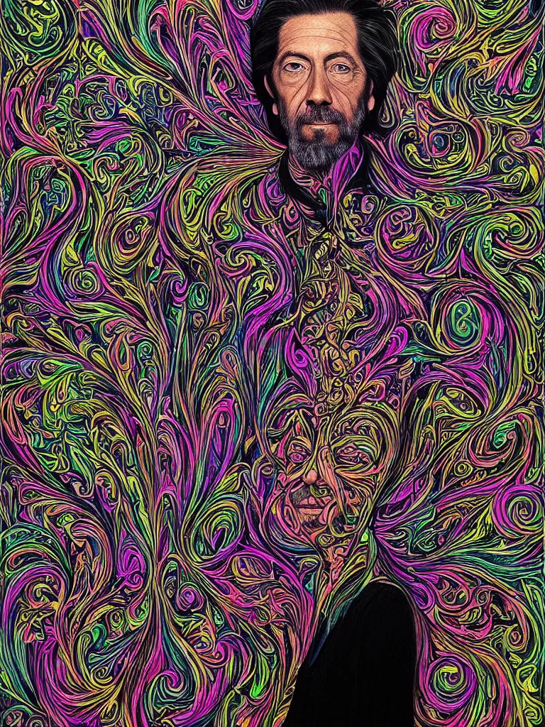 Image similar to portrait of alan watts with a fractal floral pattern background with neon colored pencils on black paper by alex grey, nychos, artgerm