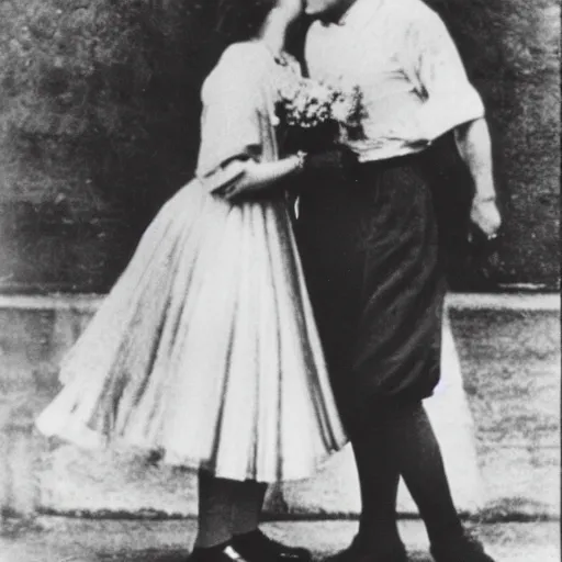 Image similar to Albert Einstein and Queen Elizabeth II kissing, portrait, photo, 1920