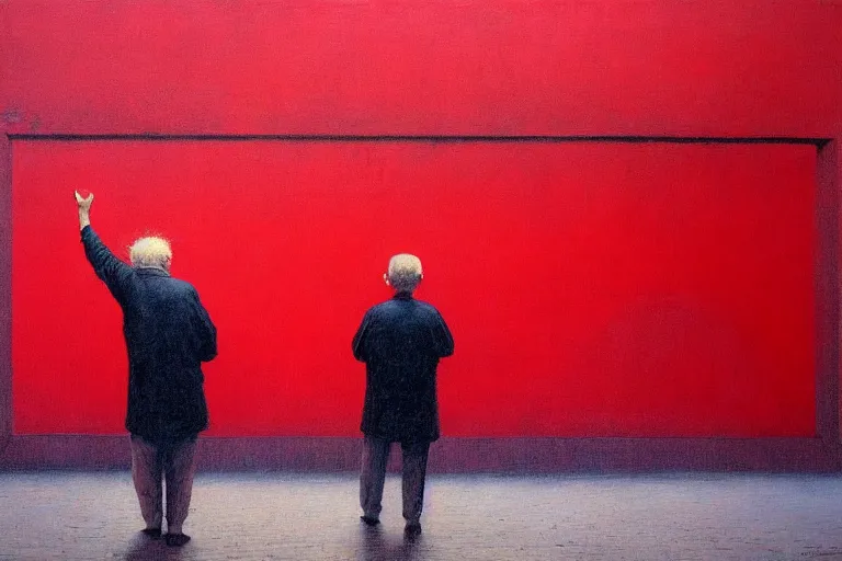 Image similar to only with red, a red old man try to sell a portrait, crowd cheering, in a city square, in the style of beksinski, parts by edward hopper, parts by rodcenko, parts by yue minjun, intricate and epic composition, red by caravaggio, insanely quality, highly detailed, masterpiece, red light, artstation, 4 k