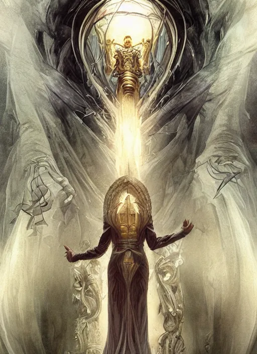 Image similar to movie poster art priest casting divine quest spell, physically accurate, moody dynamic lighting, very very intricate, very very elegant, highly detailed, digital painting, artstation, HR GIGER, Hieronymus Bosch, Francis Bacon, concept art, smooth, very beautiful, sharp focus, illustration, art by artgerm and greg rutkowski and alphonse mucha