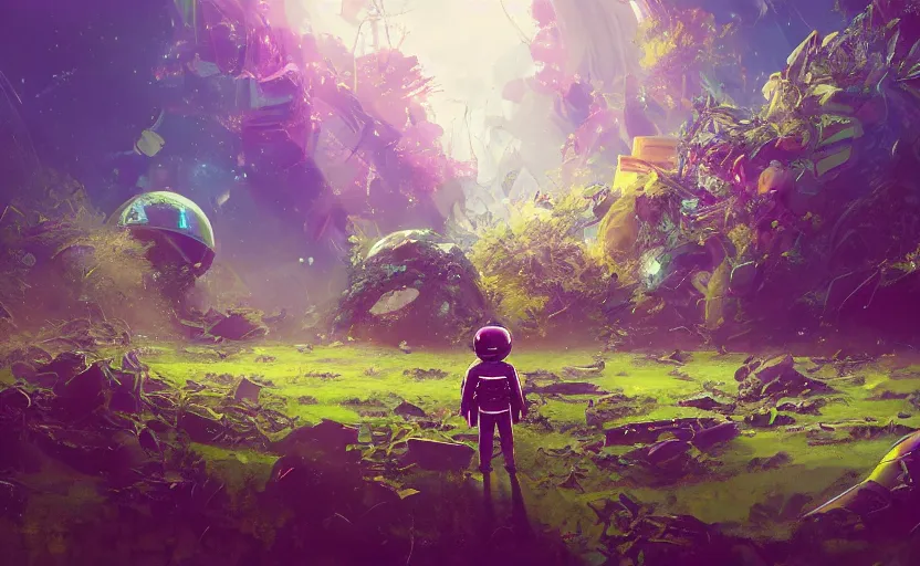 Image similar to a beautiful painting of a cute adorable kawaii futuristic vr plastic android astronaut sitting on a lush planet of foliage, the destroyed wreckage of a crashed spaceship, steam, thick colorful smoke, ross tran, ron walotsky, greg rutkowski, trending on artstation