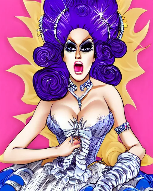 Image similar to 4k anime artwork of a fabulous drag queen dressed up like a rococo princess, 💋 💄 👠 👗 , ru paul\'s drag race, fashion photography