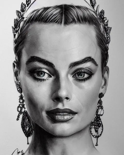 Image similar to realism tattoo sketch of margot robbie as a beautiful greek goddess aphrodite with piercing eyes wearing a laurel wreath and triangle earrings, in the style of greg rutkowski, amazing detail