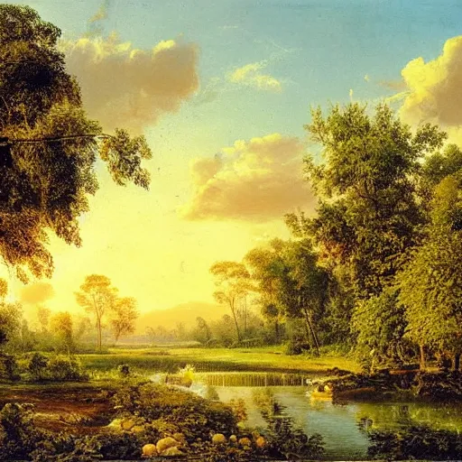 Prompt: tropical fruit trees and white milk river, wide shot, golden hour, landscape painting by ivan shishkin