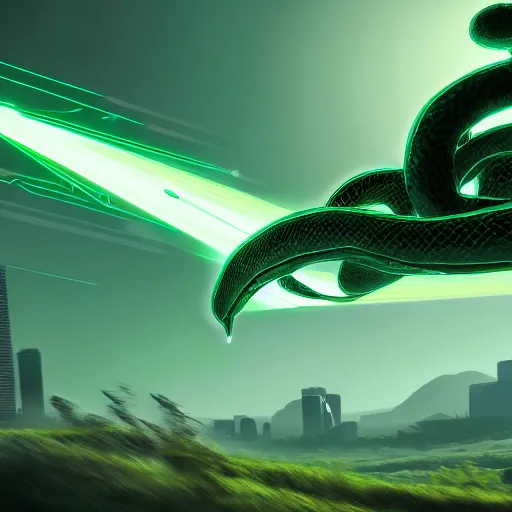 Image similar to concept art of gigantic snake robot flying through an ethereal green sky, fighting a mehcanical kangaroo, 4 k, trending on artstation, 8 k