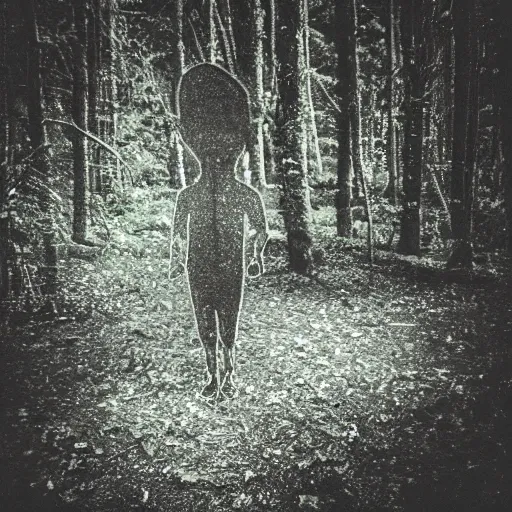 Image similar to grainy trail cam photo still of an alien in the woods at night hiding in the trees of a forest