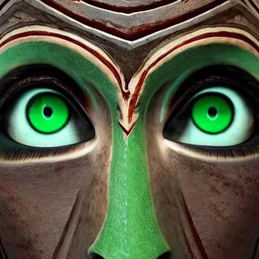 Image similar to totem of undying, handheld, ultra realistic, green eyes, 8k ultra hd, award winning, beautiful lighting, highly detailed