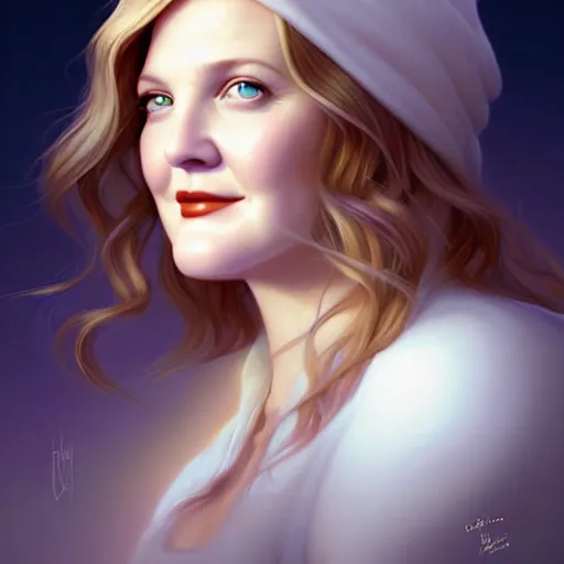 Prompt: beautiful digital portrait painting of drew barrymore as a marshmallow, symmetry! chocolate and graham cracker background, by charlie bowater, ross tran, artgerm, and makoto shinkai, detailed, inked, western comic book art