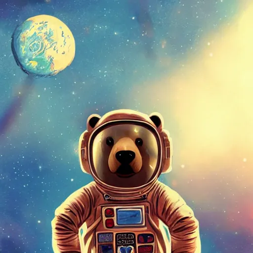 Prompt: a bear in a astronaut suit on Mars, with the sky full of stars, digital art, trending on artstation, HDR