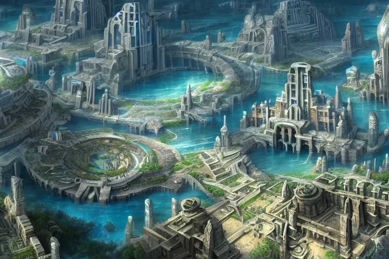 Image similar to a beautiful complex insanely detailed matte painting of the futuristic ancient city of Atlantis by Heironymous Bosch!!!!!!!, by James Gurney and Tyler Edlin, 4k, trending on artstation, aerial view