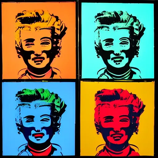 Image similar to old robot, 6 panels by andy warhol, with highly contrasted colors and an illuminating background